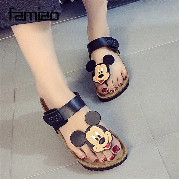 2016 New Style Cork Women's Summer Shoes Flat With Sandals Female Slippers Mickey Cartoon Casual Wear Non-Slip Beach Flip Flops