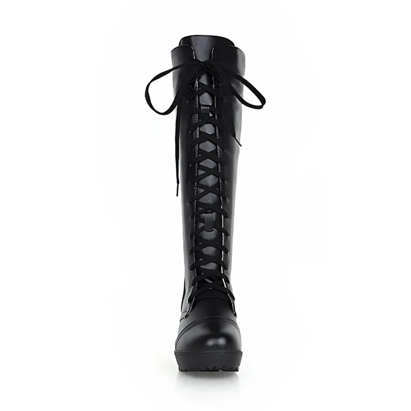 Black Square Heels Knee High Boots