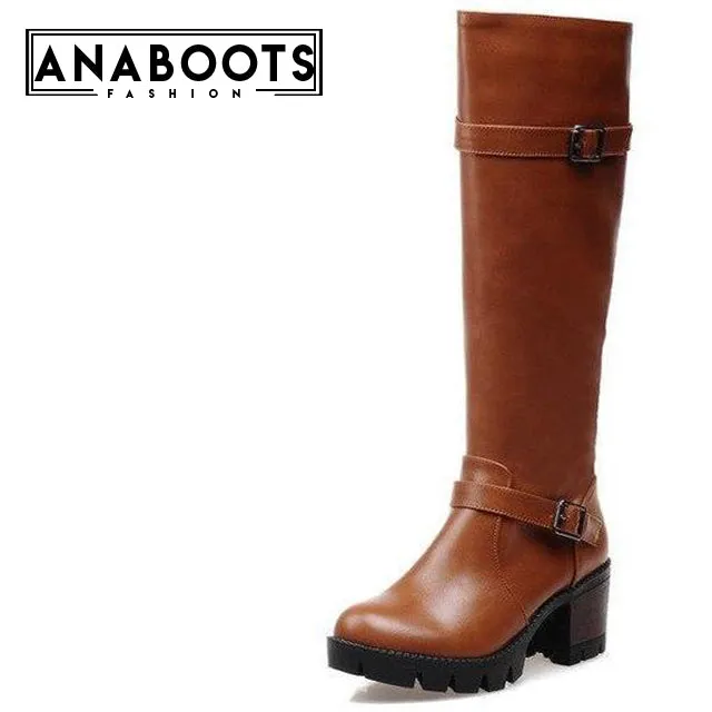 Buckles Zip Up Square Heel Riding Boots