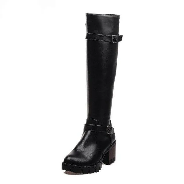 Buckles Zip Up Square Heel Riding Boots