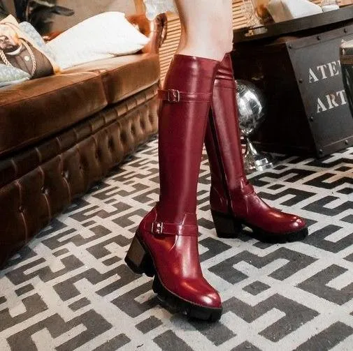 Buckles Zip Up Square Heel Riding Boots