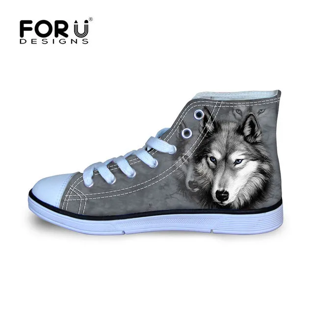 FORUDESIGNS Fashion Mens Casual Shoes 3D Animals Wolf High Top Shoes,Pet Dog Husky Printed Flats Man Canvas Shoes Male Footwear