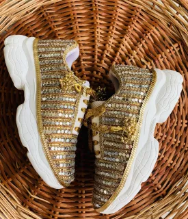 FUNKY N TRENDY gold mirror sneakers with for brides /bridesmaids / sneakers for bridesmaids/ handcrafted sneakers/ mirror sneakers / bridal sneakers / bridesmaid sneakers/ gold sneakers / mirror shoes