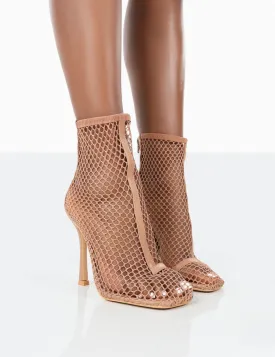 Leo Nude Mesh Netted Square Toe Stiletto Heeled Boots