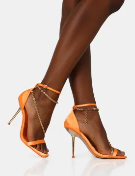 Loyal Orange Satin Chain Detail Square Toe Gold Stiletto Heels