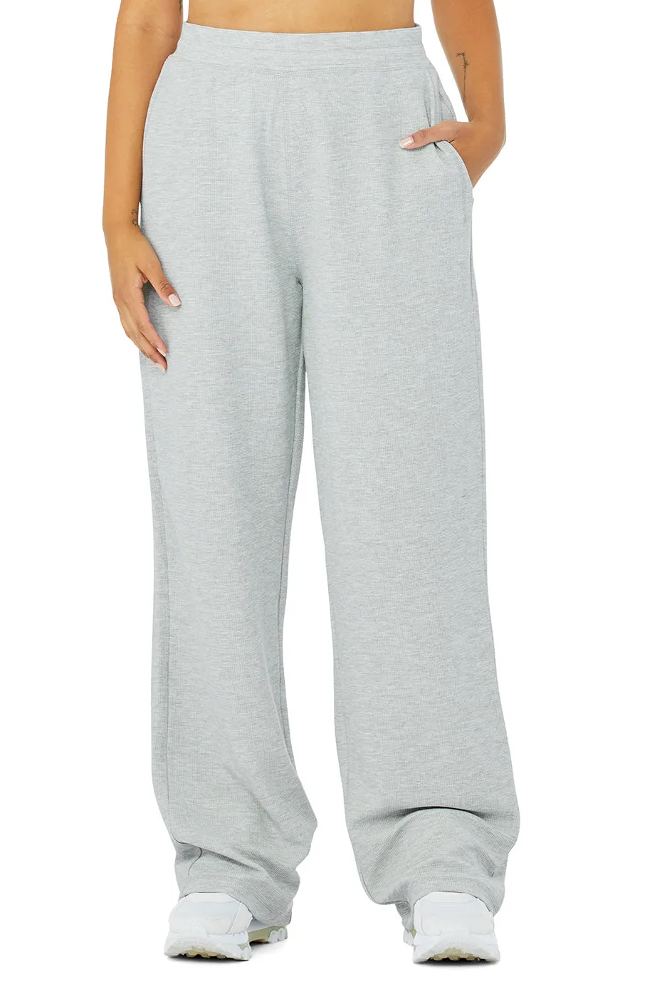 Micro Waffle High-Waist Pleasant Wide Leg Pant - Athletic Heather Grey