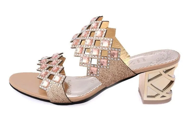 OCW Chunky Heel Sandals For Women Comfy Rhinestone Light Fashionable Footwear