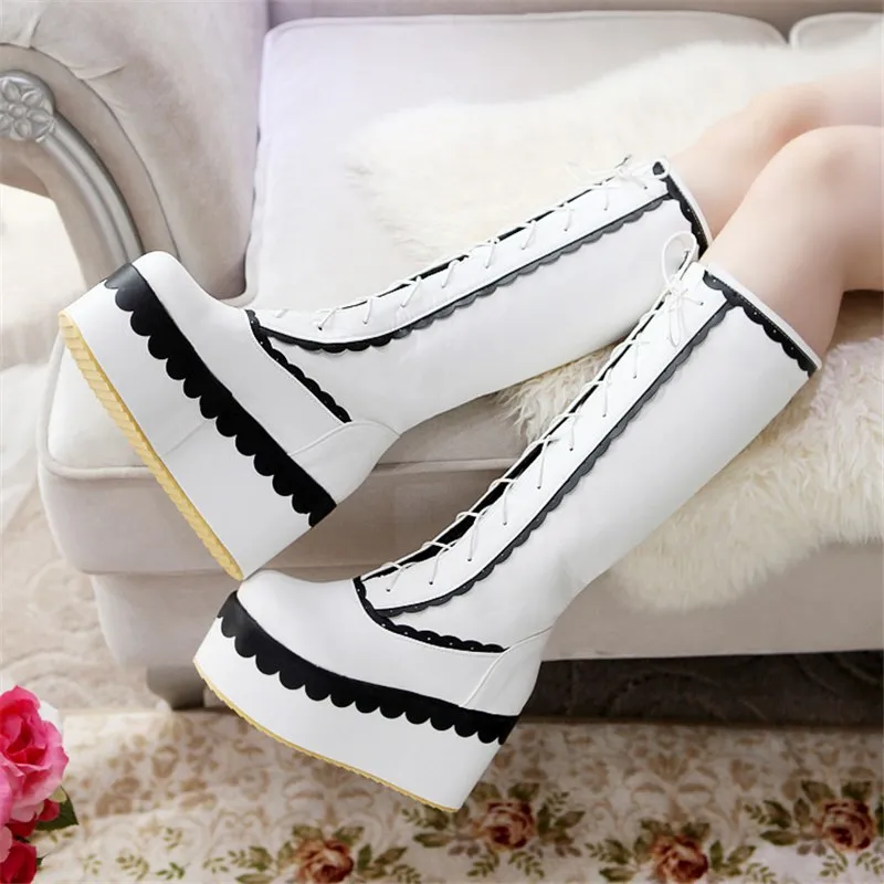 patchwork wedge high heel lace up boots